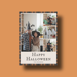 Cartão De Festividades Foto Halloween Xadrez Tartã Laranja Preto