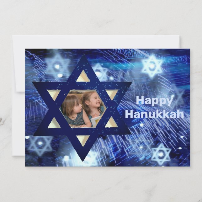 Cartão De Festividades Foto Hanukkah 1 Família Crianças Azul (Frente)