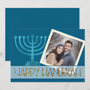 Cartão De Festividades Foto Hanukkah Azul Branco Menorá Dourada Brilho