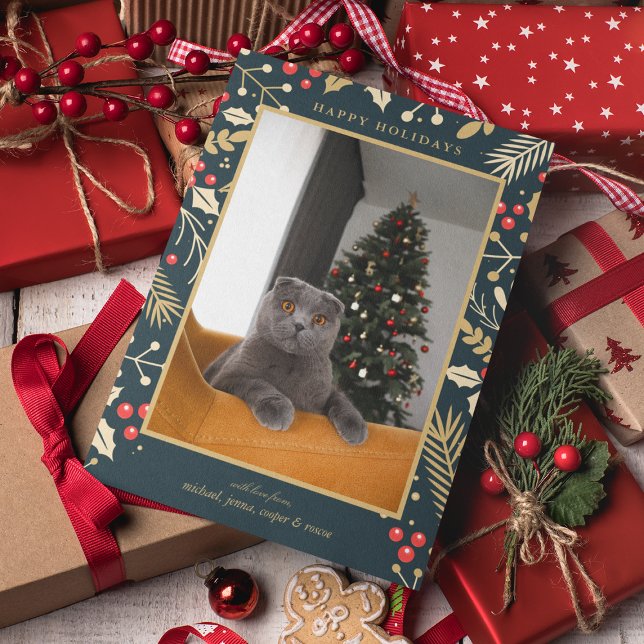 Cartão De Festividades FOTO HOLIDAY | Ouro de Natal Holly & Berries (Criador carregado)