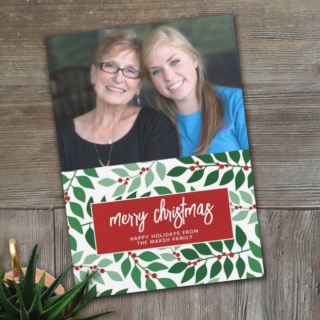 Cartão De Festividades Foto Horizontal - Feliz Natal Vermelho Botânico (Criador carregado)