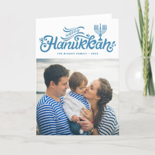 Cartão De Festividades Foto Lettrada por Mão de Hanukkah Feliz Azul Claro