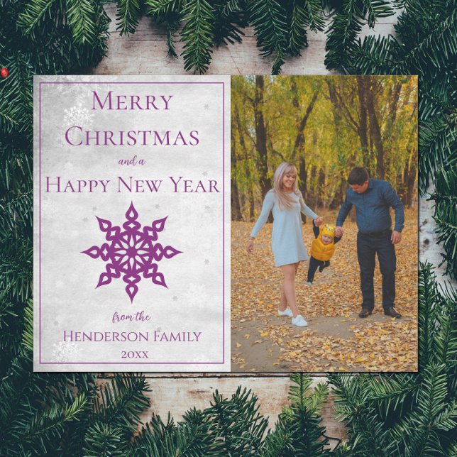 Cartão De Festividades Foto Magenta Modern Snowflake (Magenta Modern Snowflake Photo Holiday Card)