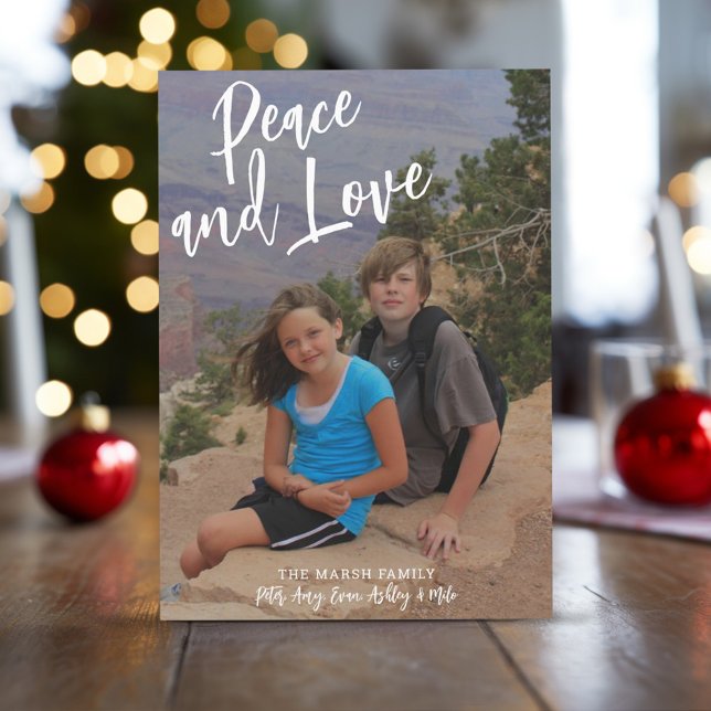 Cartão De Festividades Foto Manuscrita Natal Vermelho Xadrez Paz Amor (Rustic Modern Christmas Card with 1 large photo)