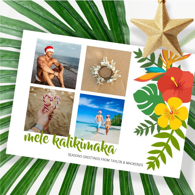 Cartão De Festividades Foto: Mele Kalikimaka Flower Personalizada (Photo Mele Kalikimaka Flower Personalized Holiday Card by Ricaso Hawaii style tropical Christmas)