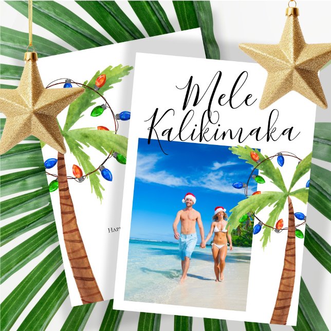 Cartão De Festividades Foto Mele Kalikimaka Natal personalizado (Photo Mele Kalikimaka Personalized Christmas Holiday Card by Ricaso. Palm Tree Hawaii holiday cards)