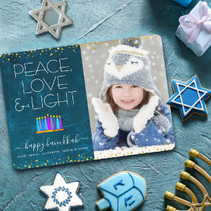 Cartão De Festividades Foto Menorá de Hanukkah Azul Paz Amor Luz Tipo