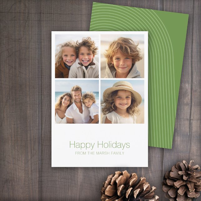 Cartão De Festividades Foto Mínima Simples - Branco Verde de Arco Zen (Zen Arch Design - Minimal Holiday Card - 4 Photos)