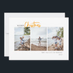 Cartão De Festividades Foto Minimalista do Script Moderno Feliz Natal<br><div class="desc">Feliz Natal,  design de tipografia moderna minimalista,  3 fotos verticais centradas,  cartão de Natal. Recursos,  moderno roteiro amarelo "Natal" e coordenação do suporte a cores amarelas sólidas. Linhas de texto modelo para seu nome e ano.</div>