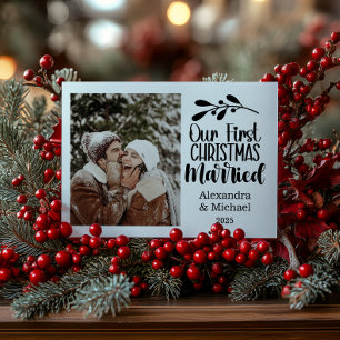 Cartão De Festividades Foto Minimalista Nosso Primeiro Natal Casados