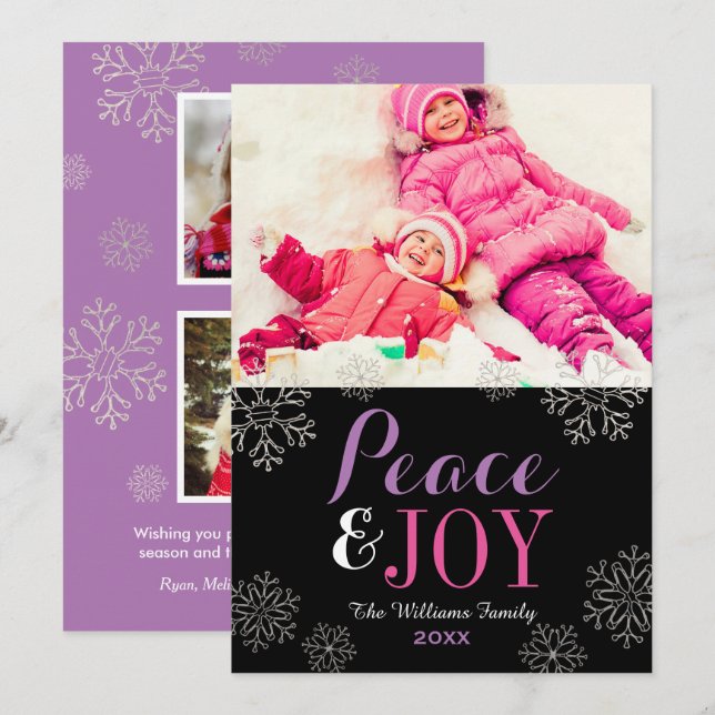 Cartão De Festividades Foto: Modern Pink Purple Peace and Joy Snowflake (Frente/Verso)