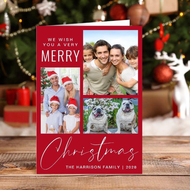 Cartão De Festividades Foto Moderna 3 Muito Feliz Vermelho de Natal (This holiday season, let your family's smiles and heartwarming memories shine on our 3 photo card)