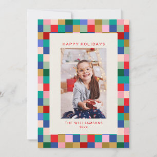 Cartão De Festividades Foto Moderna da Família com Borda Xadrez Colorida