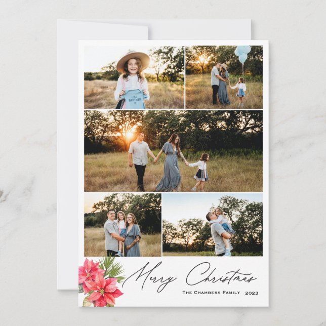 Cartão De Festividades Foto moderna de cinco Feliz Natal Poinsettia (Frente)