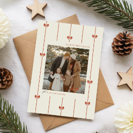 Cartão De Festividades Foto Moderna de Família com Laço Vermelho no Inver