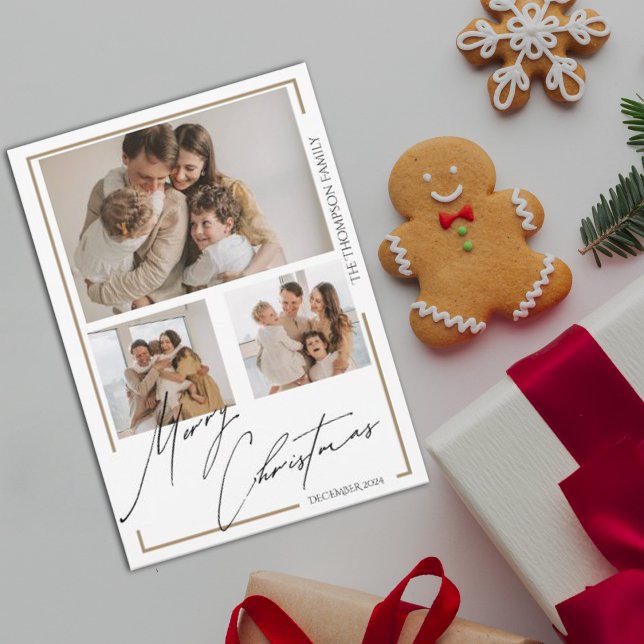 Cartão De Festividades Foto Múltipla de Script de Feliz Natal Elegante (Elegant Merry Christmas Script Multi Photo Holiday Card)