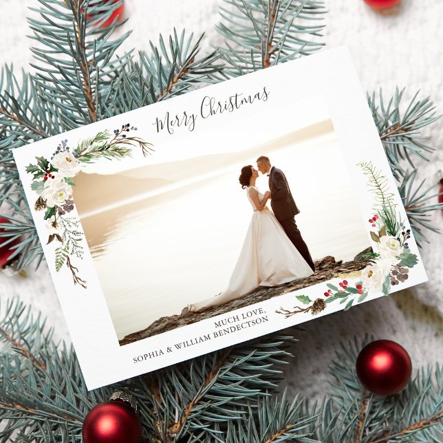 Cartão De Festividades Foto Natal Berries Aquarela, Pine Boughs (Criador carregado)