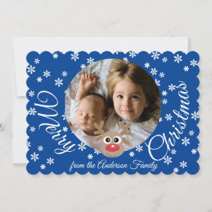 Cartão De Festividades Foto Natal Blue Cute Reindeer White Script