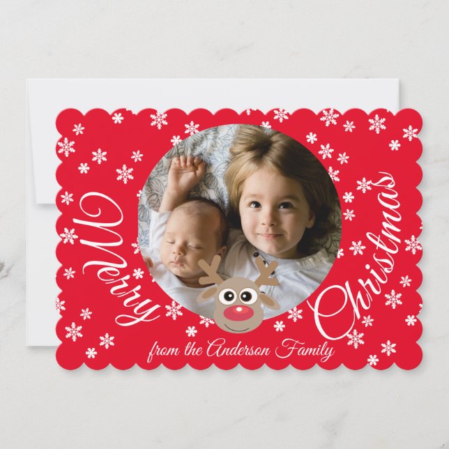 Cartão De Festividades Foto Natal Red Cute Reindeer White Script (Frente)
