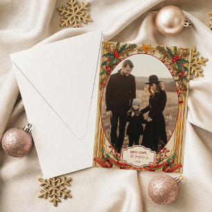 Cartão De Festividades Foto Natal Vintage Azevinho e Dourado
