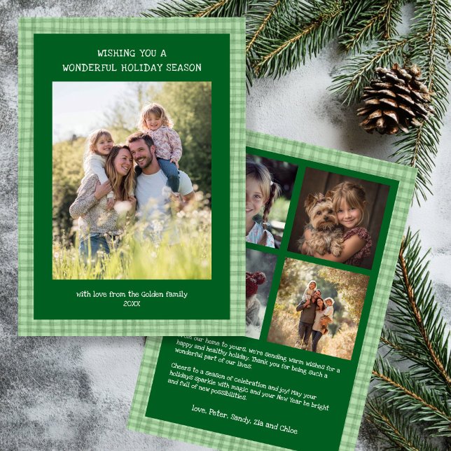 Cartão De Festividades Foto Personalizada 5 de Natal Verde Chic Gingham (Chic Gingham Christmas Green Custom 5 Photo Holiday Card
)