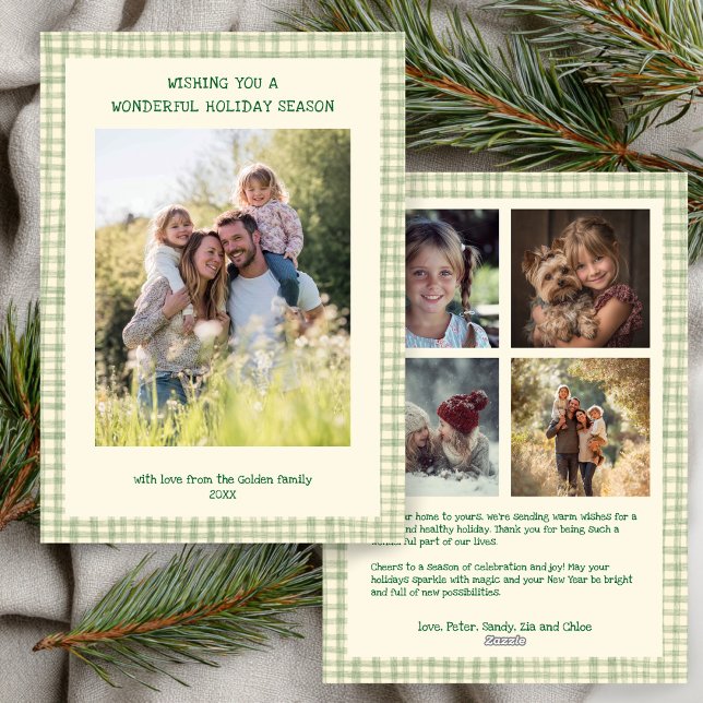 Cartão De Festividades Foto Personalizada 5 de Natal Verde Chic Gingham (Chic Gingham Christmas Green Custom 5 Photo Family Collage ELegant Modern Holiday Card
)