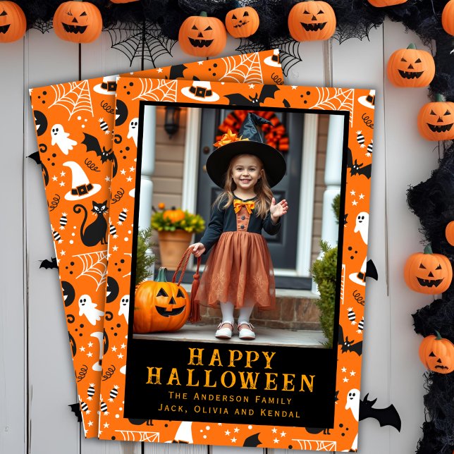 Cartão De Festividades Foto Personalizada Clássica do Halloween (Classic Halloween Cute Custom Photo Holiday Card)