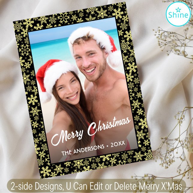 Cartão De Festividades Foto personalizada com floco de neve Preto e Doura (Criador carregado)