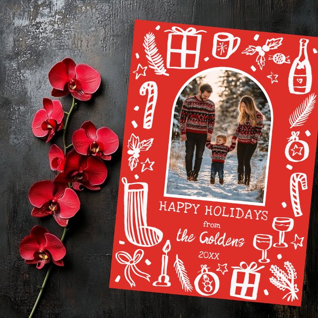 Cartão De Festividades FOTO Personalizada Da Arca Fofa De Natal Whimsso (Whimsical Christmas Doodle Sketch Hand-drawn Red White Cute Custom Arch PHOTO Holiday Card
)