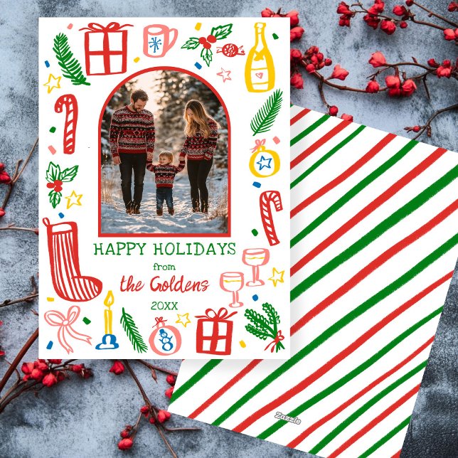 Cartão De Festividades FOTO Personalizada Da Arca Fofa De Natal Whimsso (Whimsical Christmas Cute Doodle Sketch Custom Arch PHOTO Holiday Card)