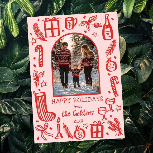 Cartão De Festividades FOTO Personalizada Da Arca Fofa De Natal Whimsso (Whimsical Doodle Sketch Christmas Cute Custom Arch PHOTO Holiday Card Pink Red
)