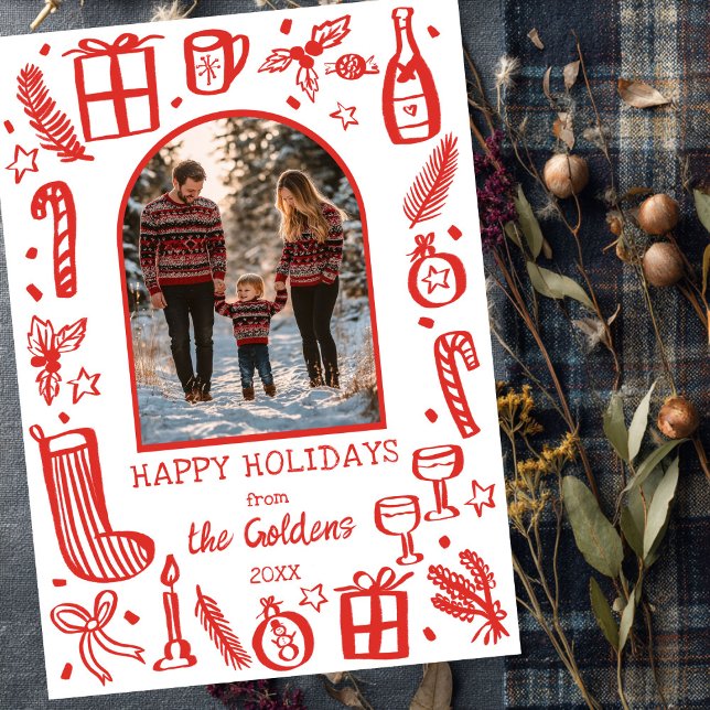 Cartão De Festividades FOTO Personalizada Da Arca Fofa De Natal Whimsso (Whimsical Christmas Cute Custom Arch PHOTO Modern Doodle Sketch Holiday Card
)
