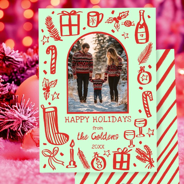 Cartão De Festividades FOTO Personalizada Da Arca Fofa De Natal Whimsso (Whimsical Doodle Sketch Christmas Cute Custom Arch PHOTO Holiday Card
)