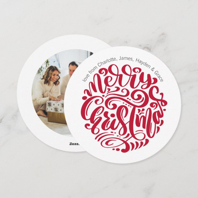 Cartão De Festividades Foto personalizada da tipografia do Natal Vermelho (Frente/Verso)