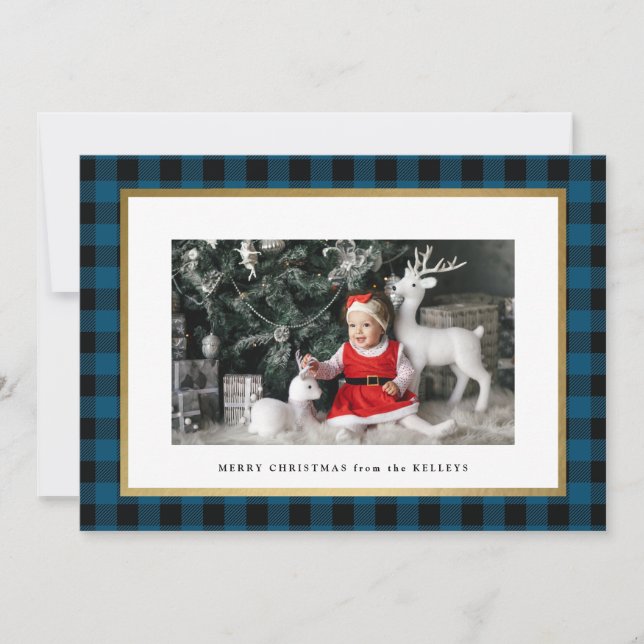 Cartão De Festividades Foto personalizada da Xadrez azul elegante (Frente)