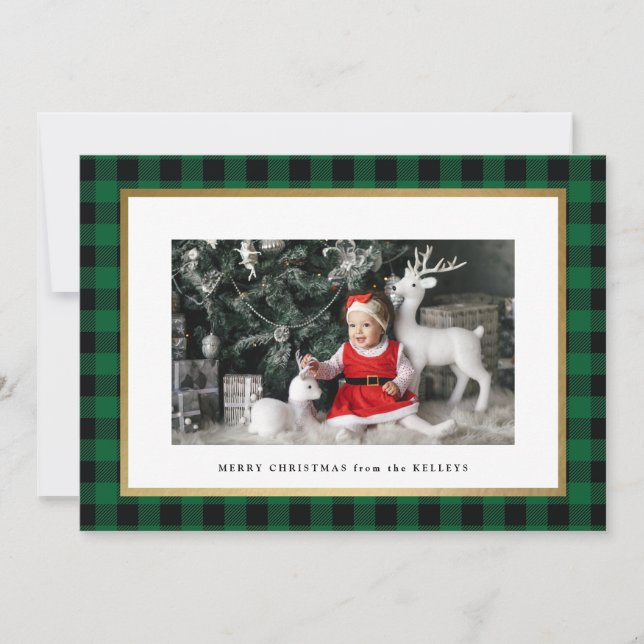 Cartão De Festividades Foto personalizada da Xadrez verde elegante (Frente)