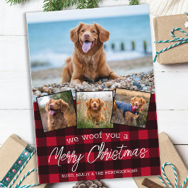 Cartão De Festividades Foto Personalizada de 4 Pet Red Xadrez Feliz Natal