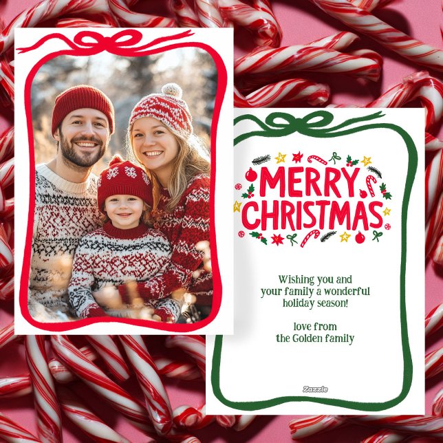 Cartão De Festividades FOTO PERSONALIZADA DE Arco Desenhado À Mão (Merry Christmas Hand-Drawn Bow CUSTOM PHOTO Holiday Card
)