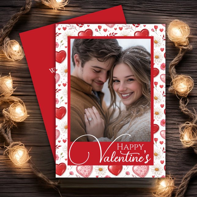 Cartão De Festividades Foto Personalizada De Daisy And Hearts Happy Dia d (Daisy And Hearts Happy Valentine's Custom Photo Holiday Card)