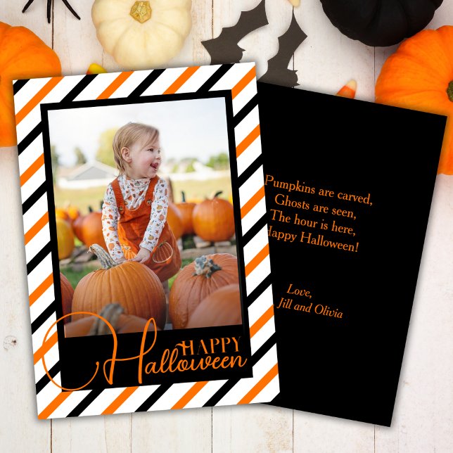 Cartão De Festividades Foto Personalizada De Laranja E Preto, Tirada Ao H (Orange And Black Striped Custom Photo Halloween Holiday Card)