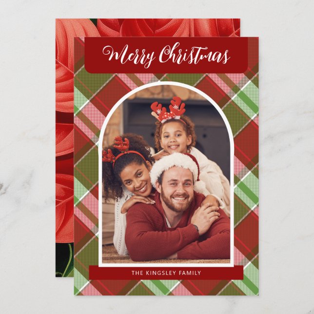 Cartão De Festividades Foto Personalizada de Natal da xadrez Red Poinsett (Frente/Verso)