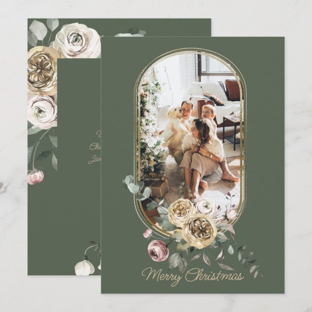 Cartão De Festividades Foto personalizada de Natal de Quadro Floral (Frente/Verso)