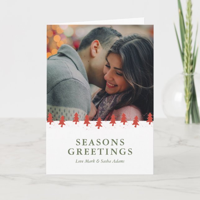 Cartão De Festividades Foto personalizada de padrão de árvore de Natal Re (Frente)