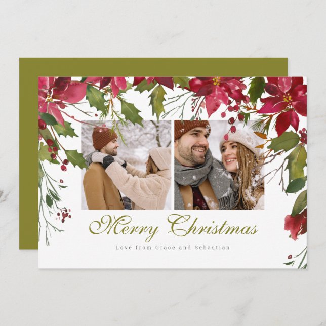 Cartão De Festividades Foto personalizada de Poinsettia de Natal (Frente/Verso)