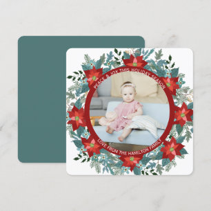 Cartão De Festividades Foto personalizada de Poinsettia Wreath no Natal