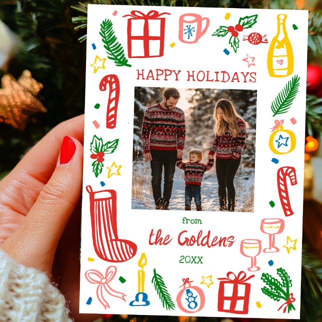 Cartão De Festividades Foto personalizada de um caixote de Natal Whimsica (Whimsical Christmas Doodle Sketch Cute Custom PHOTO Flat Holiday Card
)