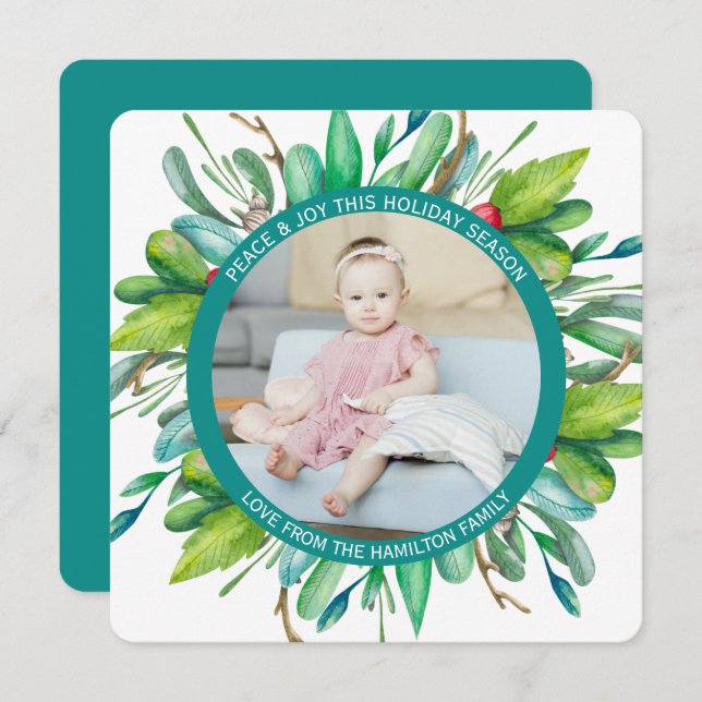 Cartão De Festividades Foto personalizada de wreath natalícia (Frente/Verso)