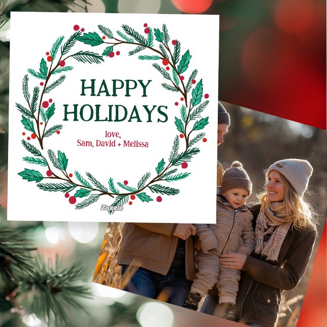 Cartão De Festividades Foto PERSONALIZADA Desenhada À Mão De Natal (Christmas Wreath Hand-Drawn CUSTOM PHOTO Holiday Card
)