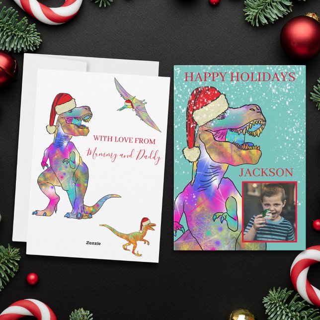 Cartão De Festividades Foto Personalizada Do Dinossauro De Natal (Dinosaur christmas custom photo holiday card with T-Rex santa)