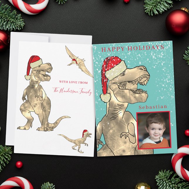 Cartão De Festividades Foto Personalizada Do Dinossauro De Natal (Christmas dinosaur in the snow custom photo holiday greetings card)
